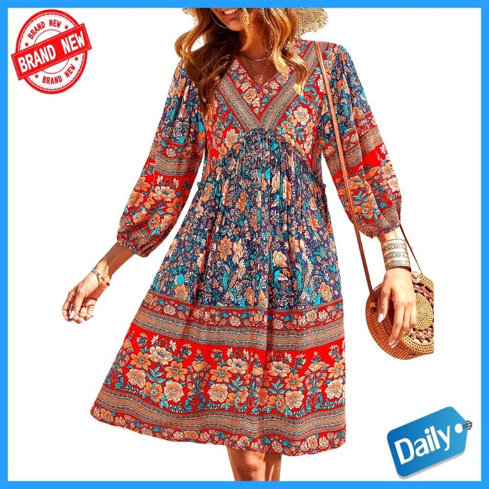 Floral Babydoll Mini Dress with V-Neck and 3/4 Sleeves - Picture 1 of 7